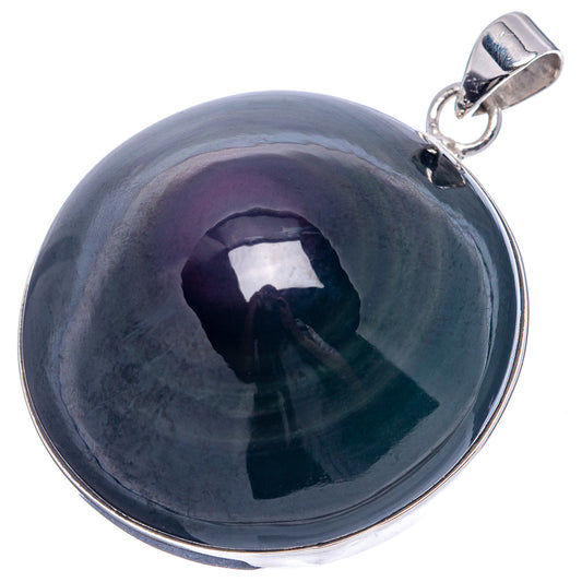 Round rainbow obsidian pendant in polished .925 sterling silver bezel with loop bail