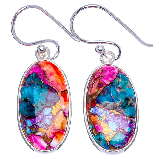 Oval multicolor turquoise dangle earrings in .925 sterling silver with hooked drops