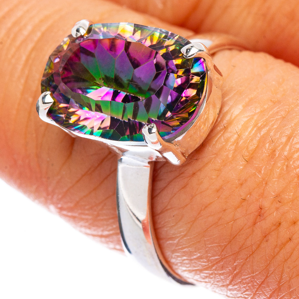 925 sterling silver ring with prong-set iridescent multicolor oval gemstone