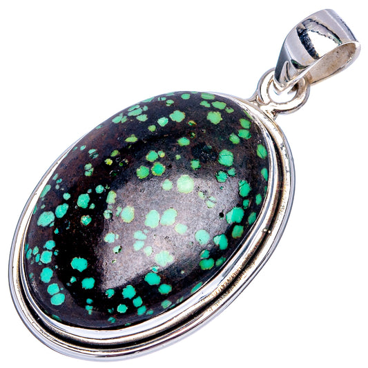 Oval turquoise pendant in .925 sterling silver, black with bright green speckled inlay