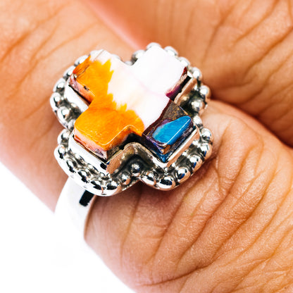 Southwestern Style Spiny Oyster Turquoise Cross Ring Size 7 (.925 Sterling Silver)