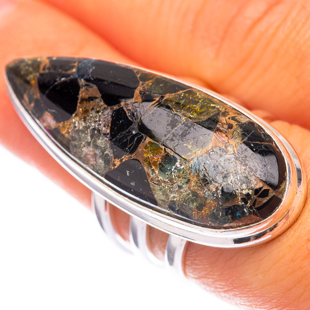 Large oval sterling silver ring with black onyx-style gemstone and gold flecks