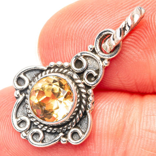 Sterling silver citrine pendant with round amber gemstone and ornate openwork frame