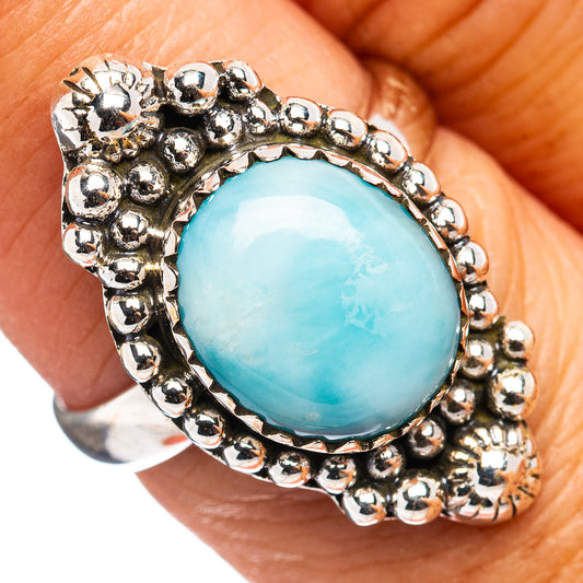 Larimar ring in .925 sterling silver, oval light-blue stone with beaded edge