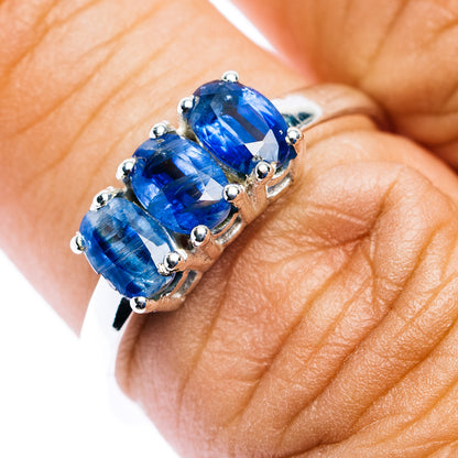 Sterling silver three-stone kyanite ring with three oval blue gemstones