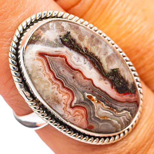Sterling silver crazy lace agate oval ring with rope-edge bezel, close-up stone view