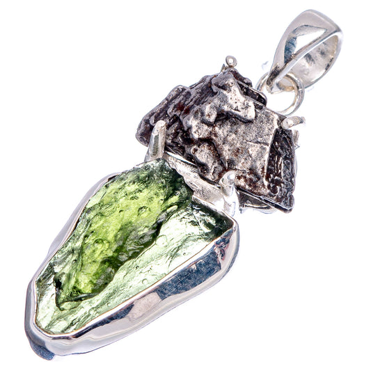 Sterling silver pendant with long teardrop green crystal and dark meteorite texture