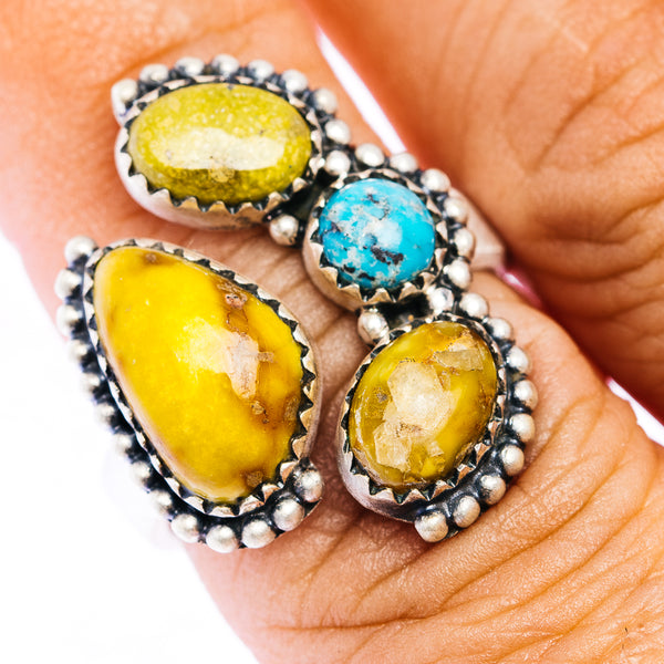 Southwestern Style Palomino Turquoise, White Water Turquoise Ring Size 7 Adjustable (.925 Sterling Silver)