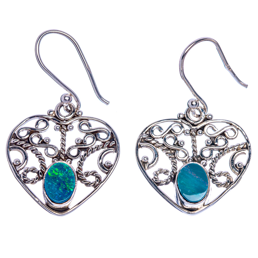 Sterling silver heart dangle earrings with filigree and blue opal cabochon stones