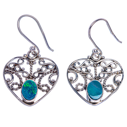 Sterling silver heart dangle earrings with filigree and blue opal cabochon stones