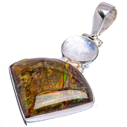 Oval silver frame pendant with iridescent ammolite teardrop and pale moonstone bezel