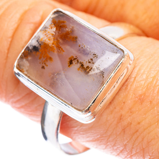 Dendritic agate sterling silver ring, rectangular bezel with brown tree-like inclusions
