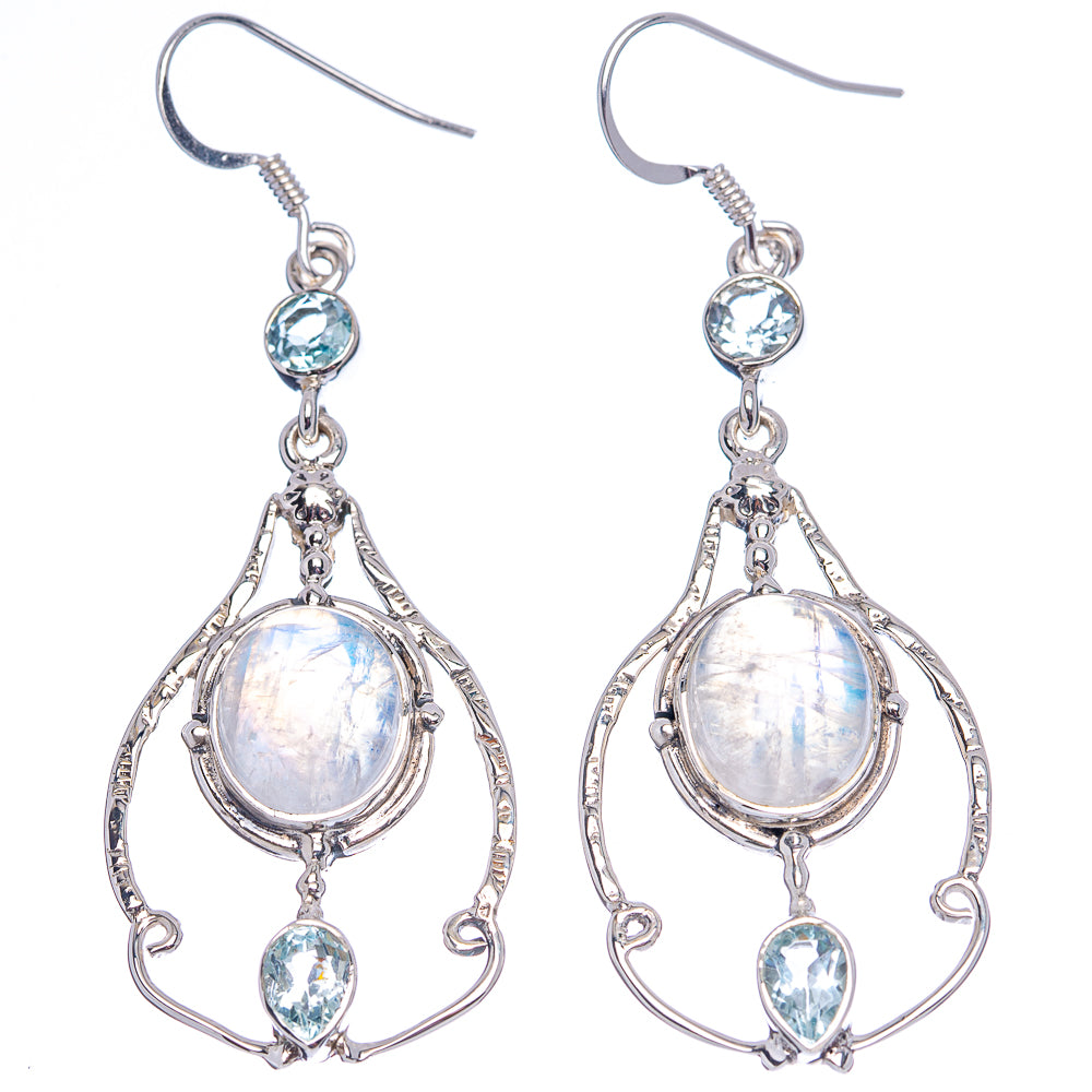Signature Rainbow Moonstone, Blue Topaz Earrings 2 1/2" (.925 Sterling Silver)