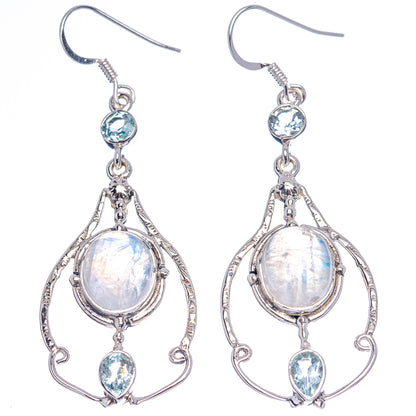 Signature Rainbow Moonstone, Blue Topaz Earrings 2 1/2" (.925 Sterling Silver)