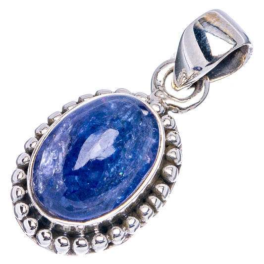 Sterling silver oval tanzanite pendant with blue gemstone, beaded frame, and top bail.