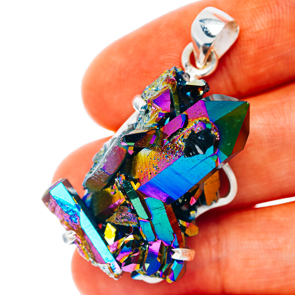 Titanium aura quartz pendant with rainbow iridescent crystal and 925 sterling silver bail