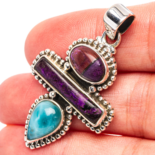 Sterling silver pendant with purple sugilite bar and oval, and blue larimar oval