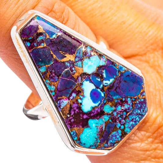 Oval turquoise and purple gemstone inlaid sterling silver ring, size 12