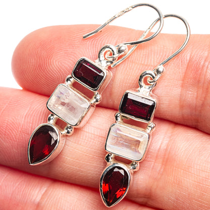 Rainbow Moonstone, Garnet Earrings 1 1/2" (925 Sterling Silver) E432464