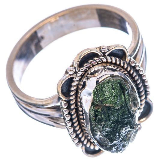 Sterling silver moldavite ring with oval green stone, braided rope border and prongs