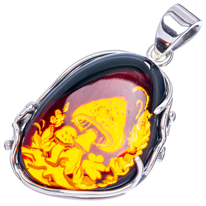 Amber Intaglio Mushroom Pendant 1 5/8" (925 Sterling Silver) P42553