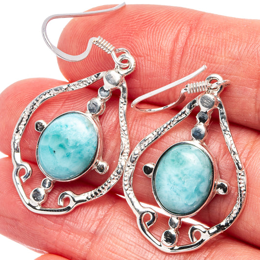 Turquoise Larimar teardrop drop earrings in .925 sterling silver, ornate swirl settings