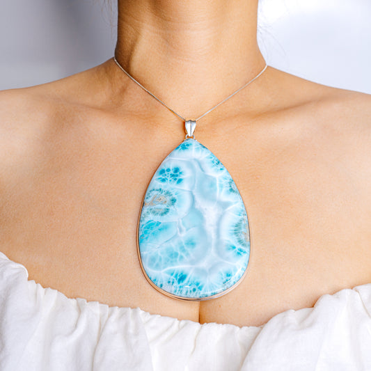 Large teardrop larimar pendant in .925 sterling silver on a chain
