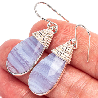Sterling silver lace agate teardrop earrings with blue-purple marbled stone