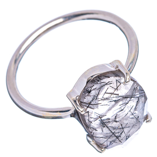 Sterling silver ring with faceted clear quartz in a square setting, black tourmaline inclusions