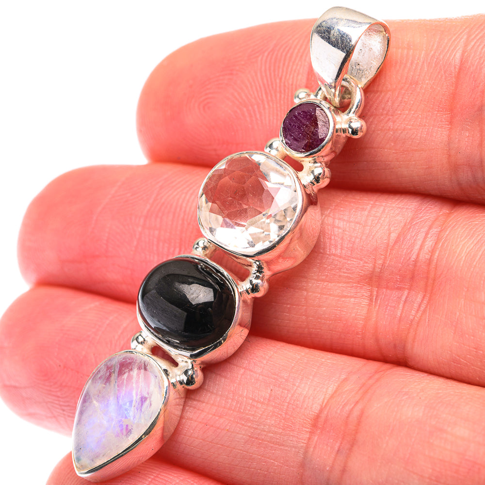 White Quartz, Star Diopside, Rainbow Moonstone, Ruby Pendant 1 7/8" (925 Sterling Silver) PD38510