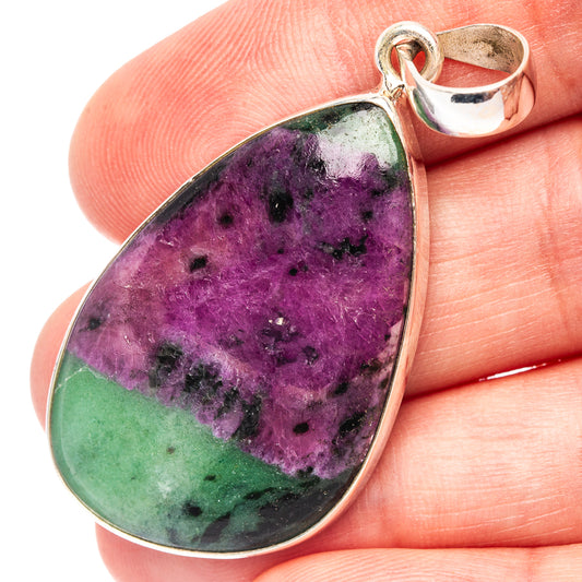 Ruby zoisite gemstone pendant in silver teardrop bezel with bail loop