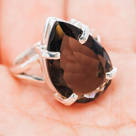 Smoky quartz oval statement ring, dark faceted gemstone in sterling silver bezel