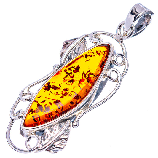 Sterling silver Baltic amber oval pendant with yellow-red amber center and leaf-like flecks