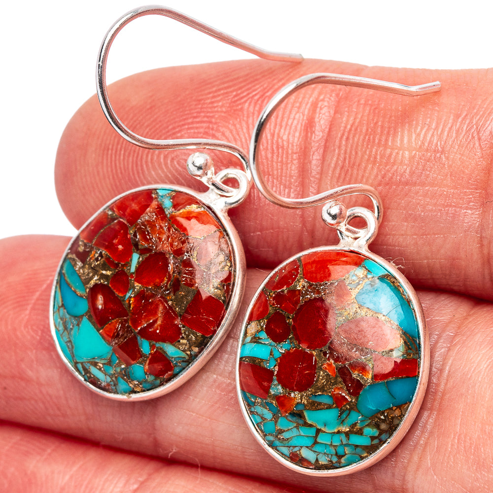 Coral Turquoise Matrix Earrings 1 3/8" (.925 Sterling Silver)