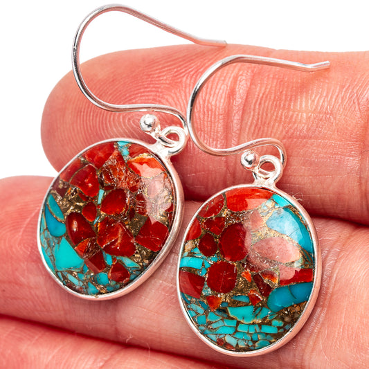 Sterling silver oval coral and turquoise matrix drop earrings, fishhook back