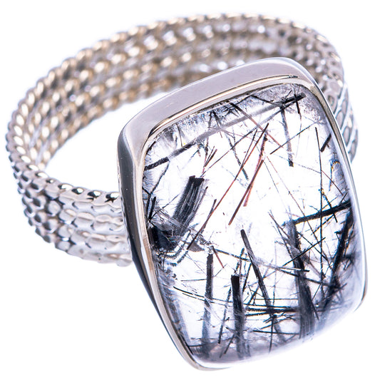 Sterling silver ring with clear quartz cabochon and black tourmaline needle detail