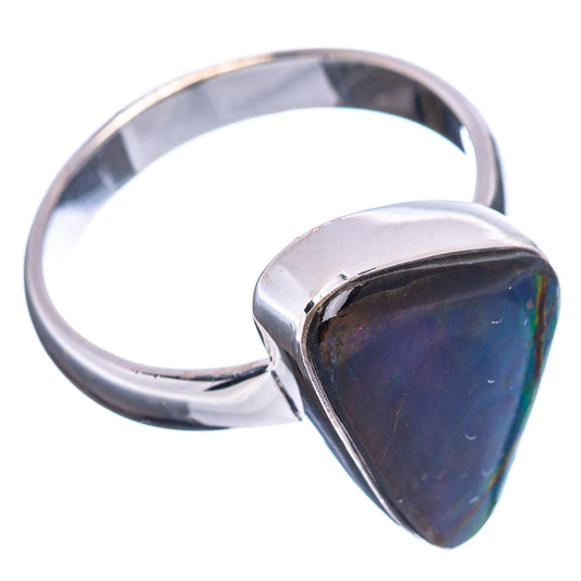 Sterling silver ring with dark blue iridescent ammolite teardrop stone, size 10