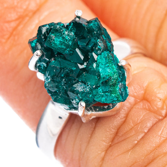 Sterling silver dioptase ring with large green crystal, four prong open setting