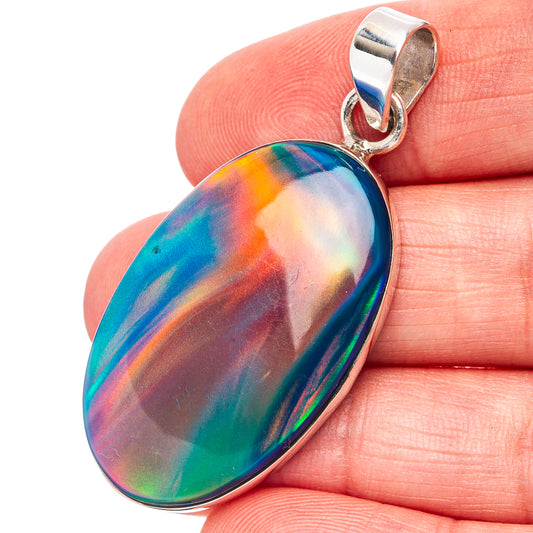 Oval opal pendant with rainbow sheen and .925 sterling silver bail