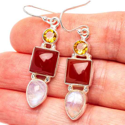 925 sterling silver earrings with red square stones, yellow round accents, and pink moonstone drops