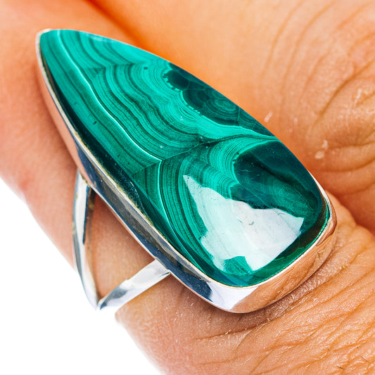 Malachite teardrop ring with .925 sterling silver band, green striped gemstone