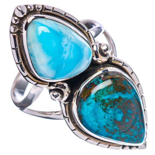 Sterling silver size 10 ring with blue larimar and teal shattuckite cabochons