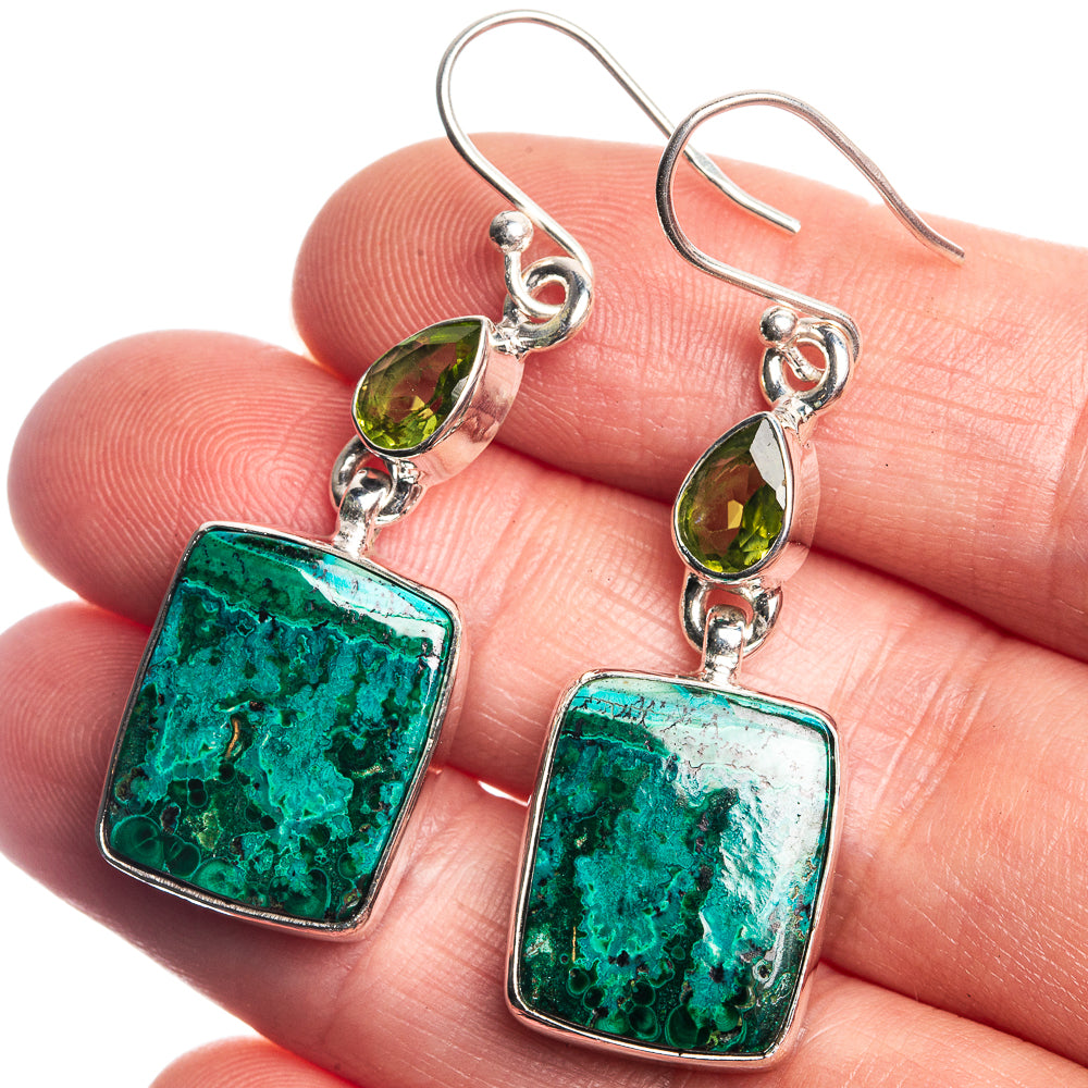 Malachite In Chrysocolla, Peridot 925 Sterling Silver Earrings 1 3/4"