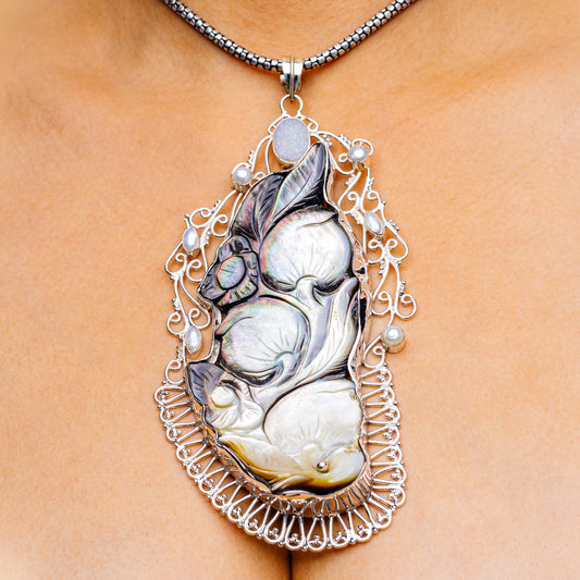 Gigantic Mother Of Pearl, Angel Aura Druzy, Cultured Pearl Pendant 5 7/8" (.925 Sterling Silver)