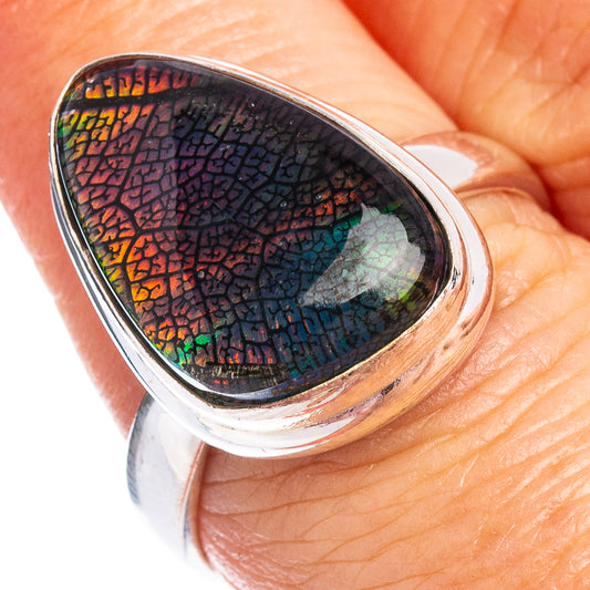 .925 sterling silver oval opal ring with iridescent multicolor shimmer
