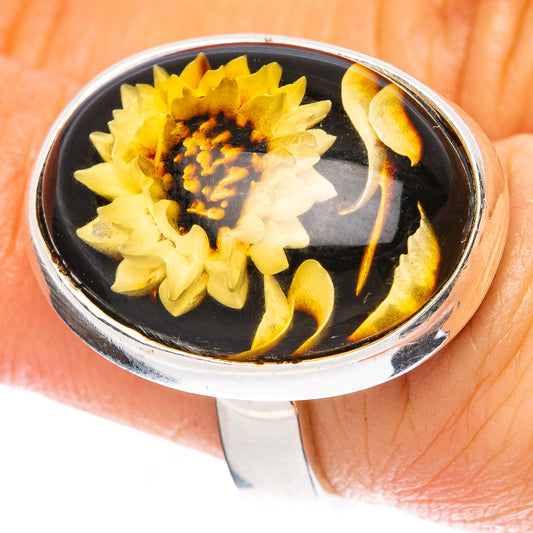 Amber Intaglio Sunflower Ring Size 5 Adjustable (925 Sterling Silver) R3807