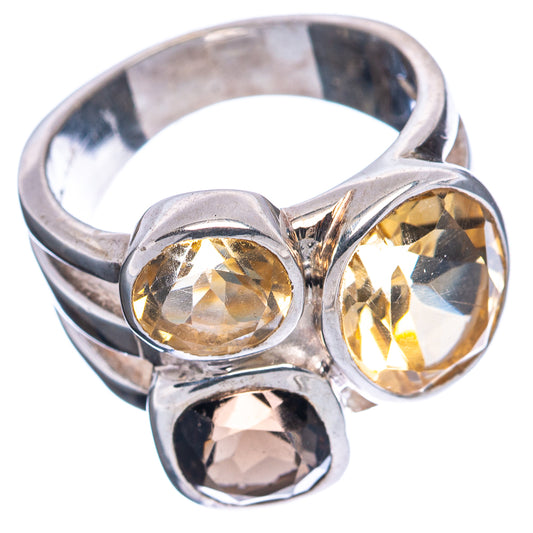 Sterling silver ring with three oval citrine and smoky quartz gemstones, size 5.5