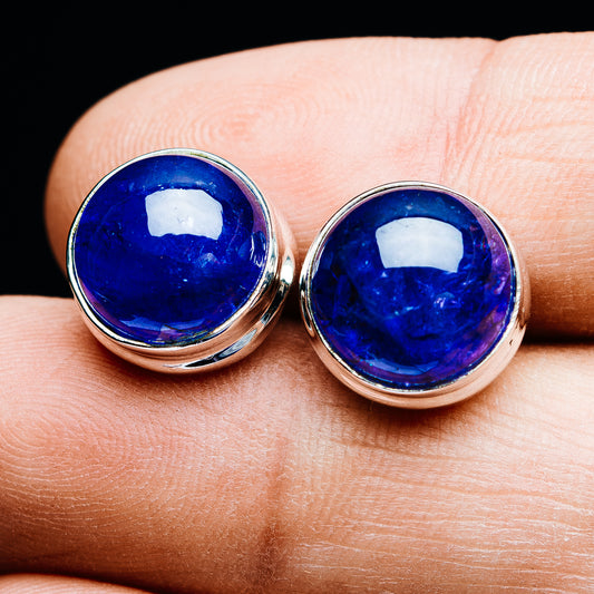 Round blue tanzanite cabochon stud earrings in .925 sterling silver bezel setting