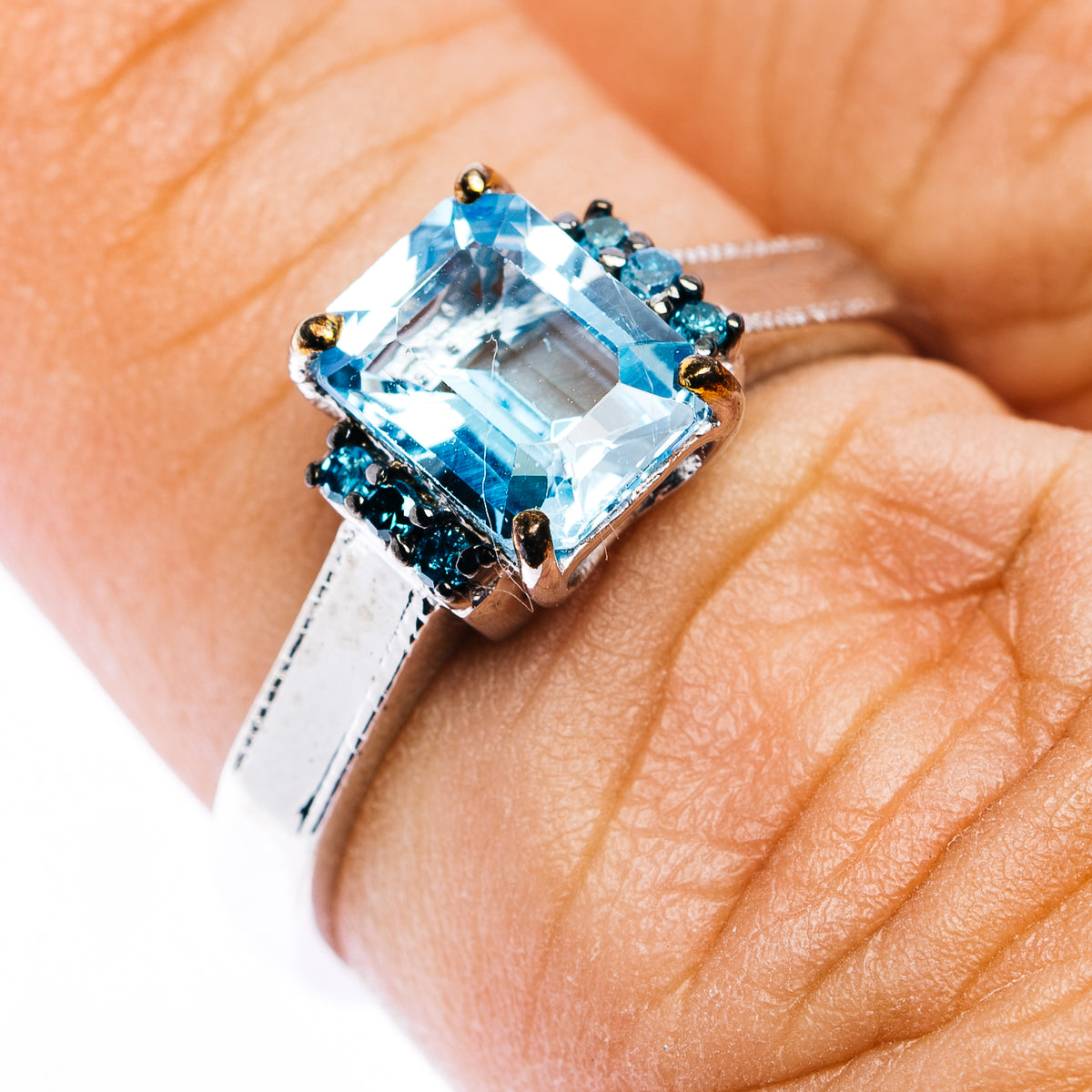 Blue Topaz, Blue Diamond Ring Size 6.75 (.925 Sterling Silver)