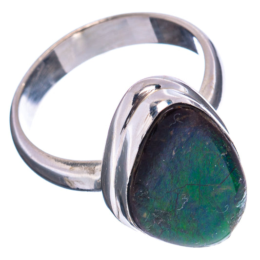 Sterling silver ring with oval ammolite stone, vivid green center in raised bezel